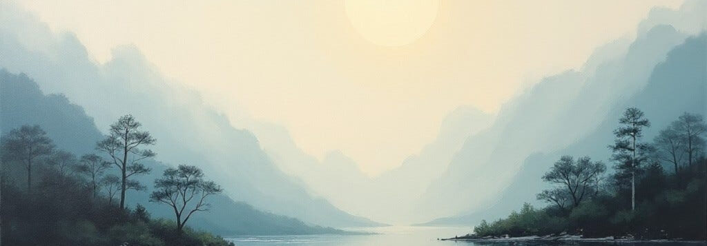 A calm landscape at dawn with soft light and open sky
