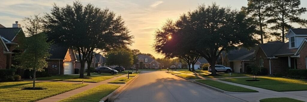 Quiet neighborhood street on a summer morning.