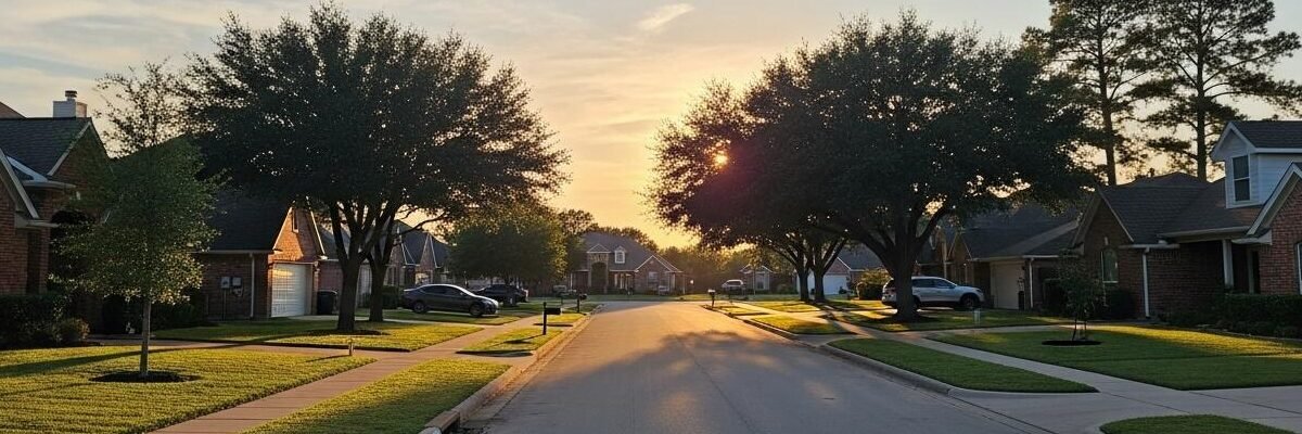Quiet neighborhood street on a summer morning.