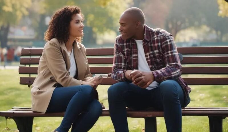 Two people sharing a quiet conversation outdoors.